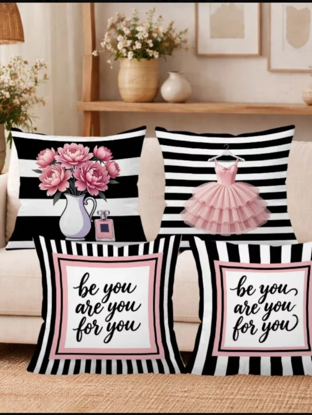 Pink Floral & Tutu Accent Pillow Covers – Set of 4